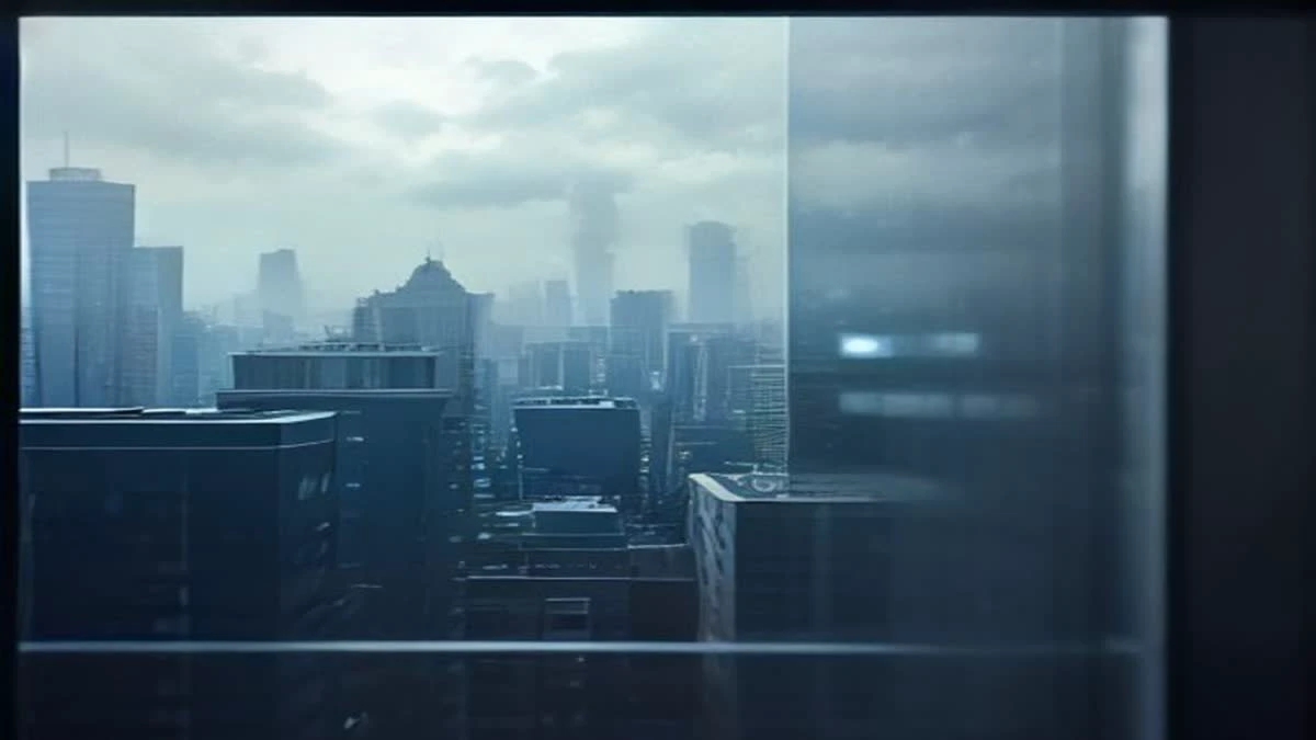 Photograph: over-the-shoulder view of a panoramic city skyline seen through an office window, subtle blue tones, overcast diffused light