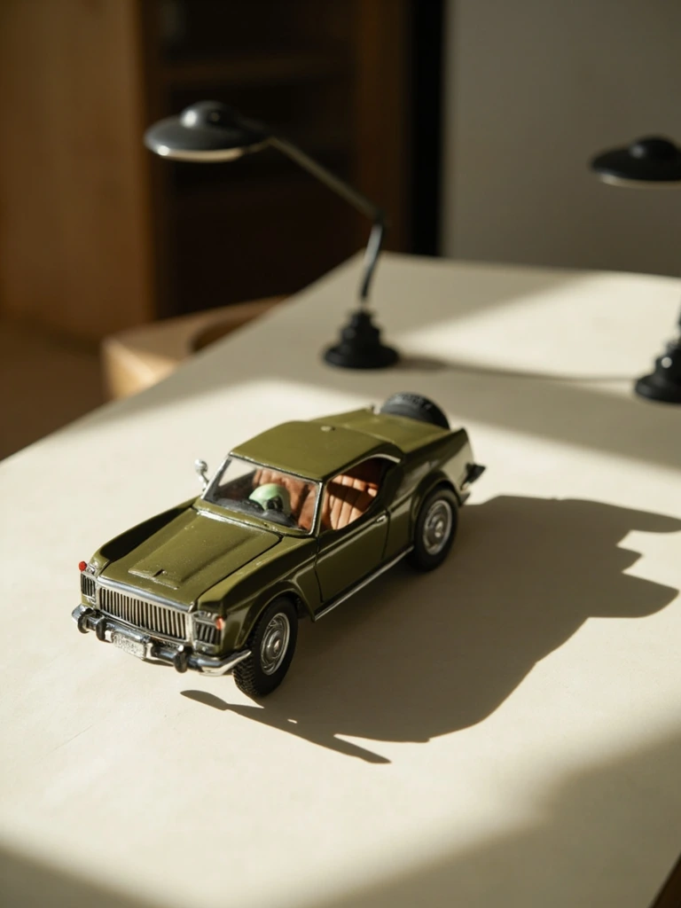A finished scale model sits on the inspection bench under two angled lamps